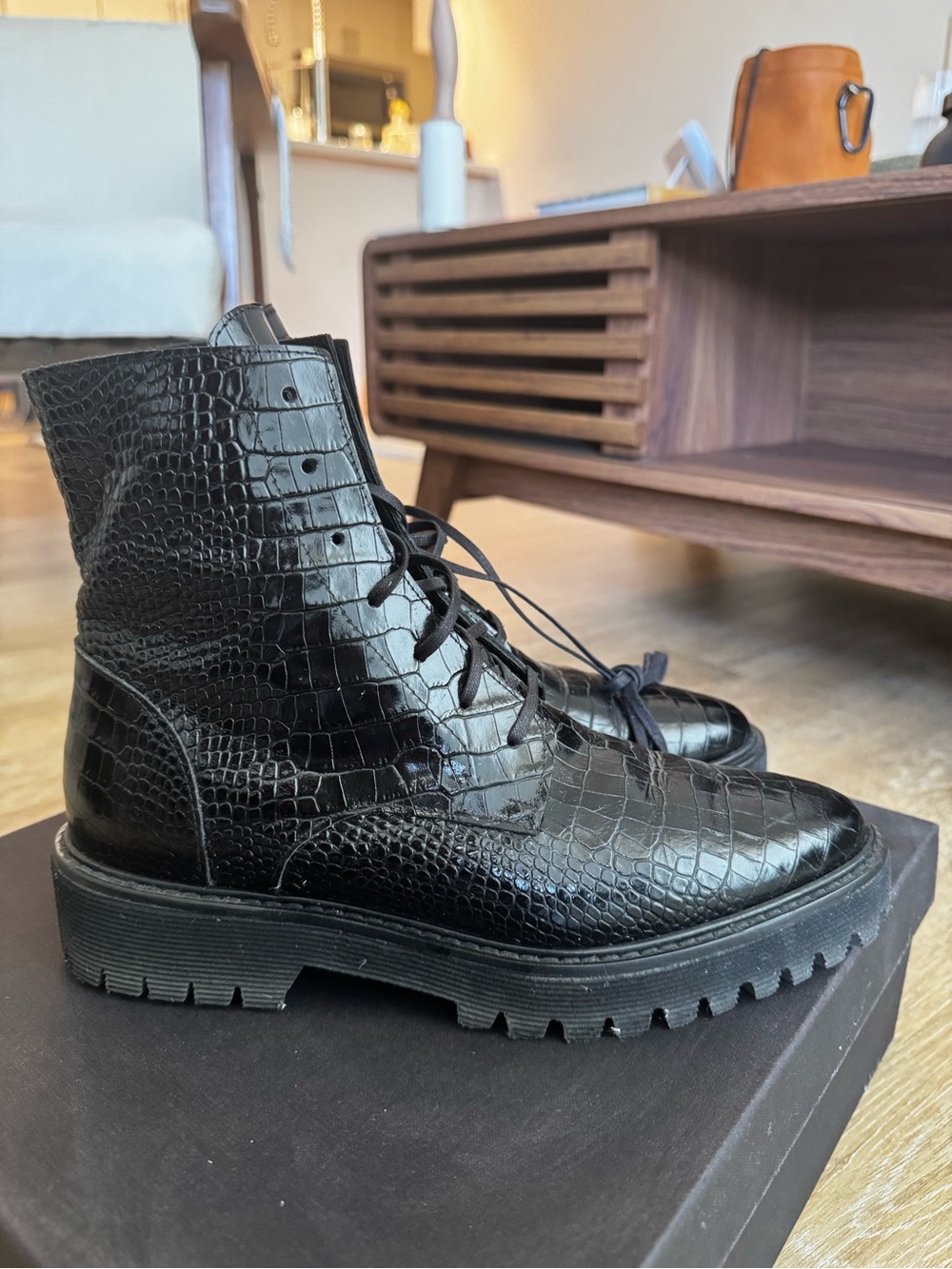 Freda Salvador Emi Black Croc-Embossed Leather Lace-Up Boots